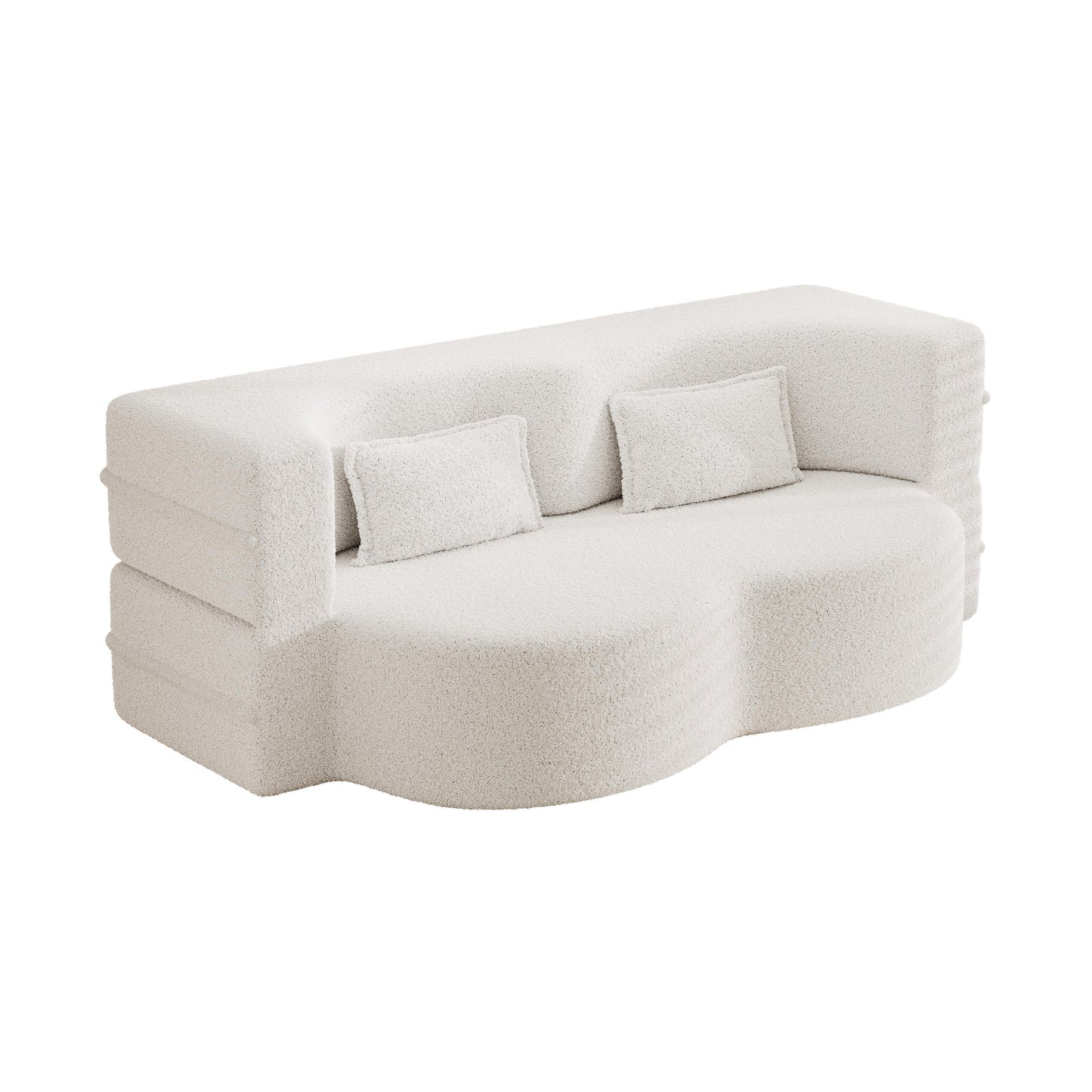 78 Convertible Teddy Fabric Loveseat Foam-Filled Floor Sofa Bed with 2 Pillows and Folding Mattress for Living Room