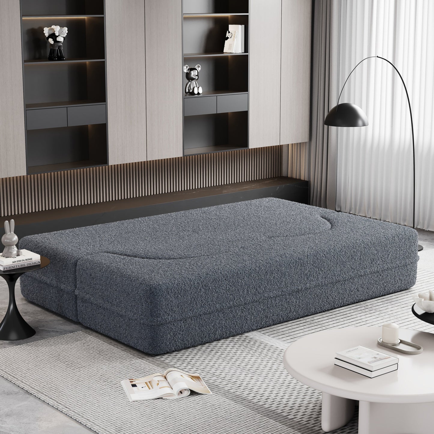 78 Convertible Teddy Fabric Loveseat Foam-Filled Floor Sofa Bed with 2 Pillows and Folding Mattress for Living Room