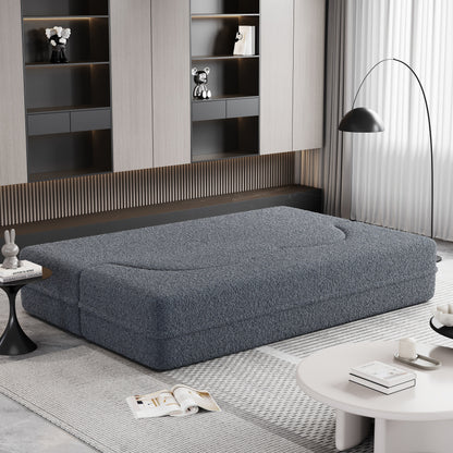 78 Convertible Teddy Fabric Loveseat Foam-Filled Floor Sofa Bed with 2 Pillows and Folding Mattress for Living Room