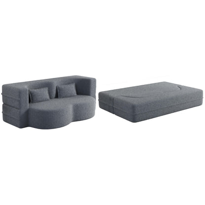 78 Convertible Teddy Fabric Loveseat Foam-Filled Floor Sofa Bed with 2 Pillows and Folding Mattress for Living Room
