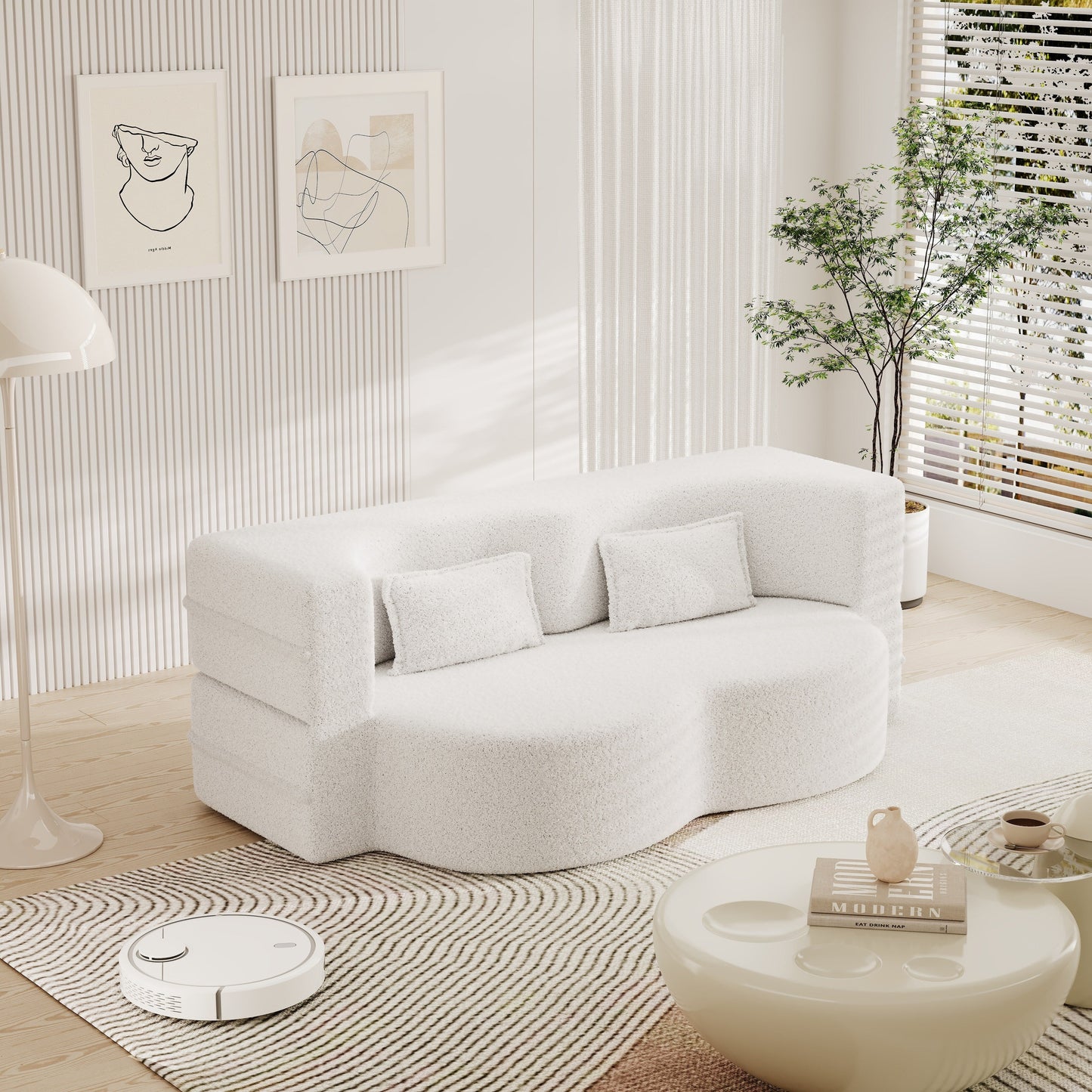 78 Convertible Teddy Fabric Loveseat Foam-Filled Floor Sofa Bed with 2 Pillows and Folding Mattress for Living Room