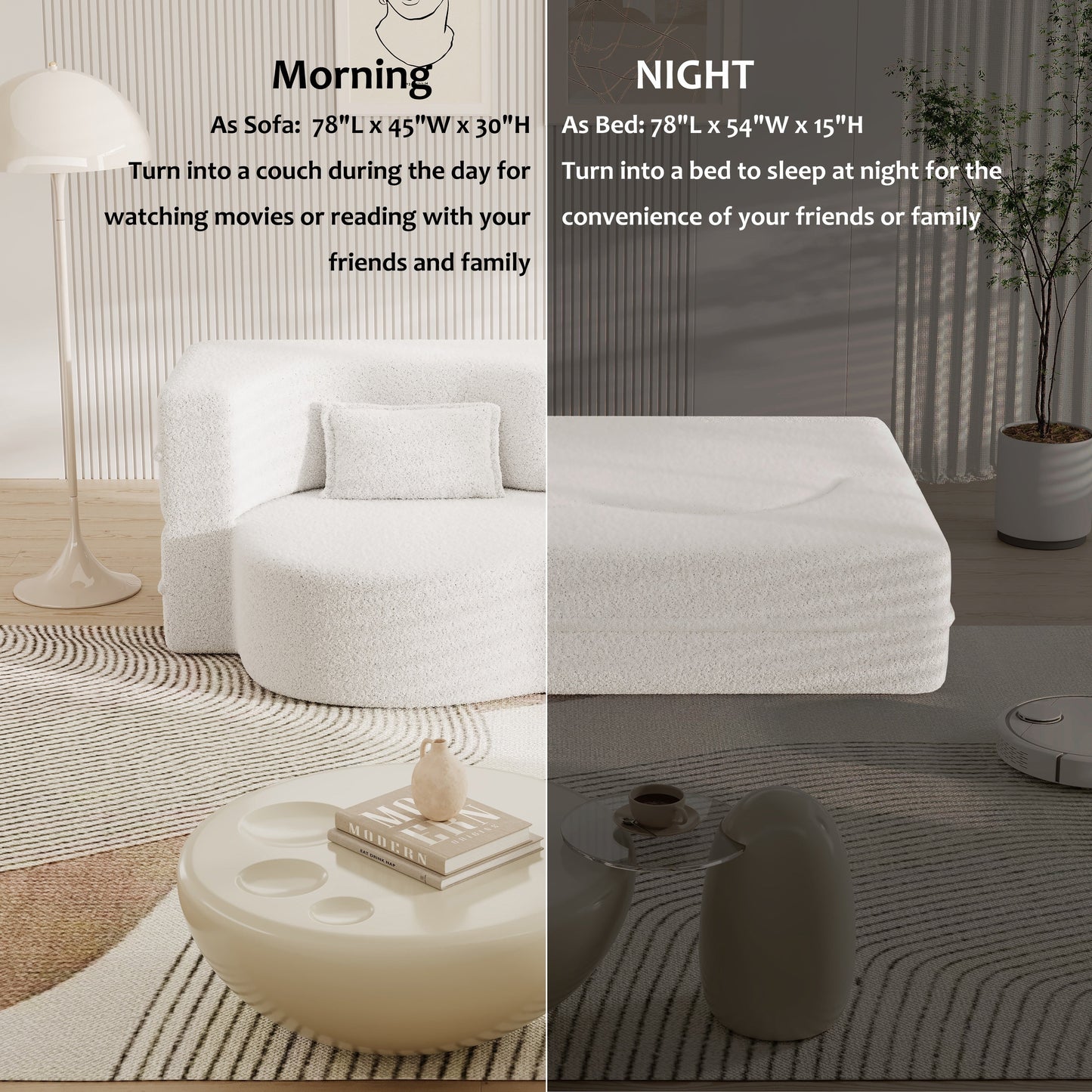 78 Convertible Teddy Fabric Loveseat Foam-Filled Floor Sofa Bed with 2 Pillows and Folding Mattress for Living Room
