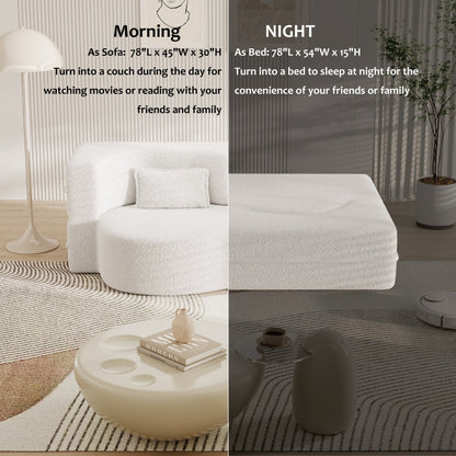 78 Convertible Teddy Fabric Loveseat Foam-Filled Floor Sofa Bed with 2 Pillows and Folding Mattress for Living Room