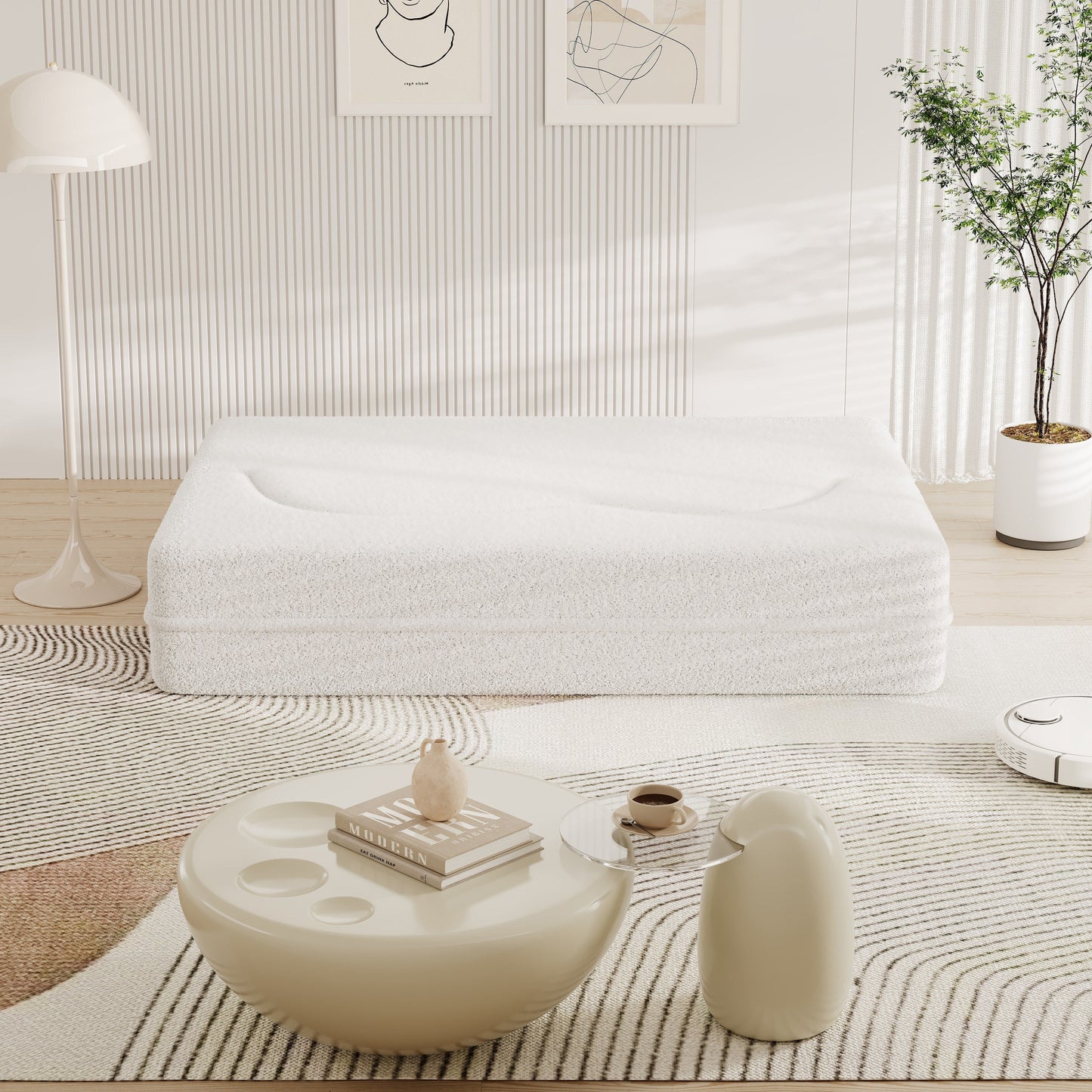 78 Convertible Teddy Fabric Loveseat Foam-Filled Floor Sofa Bed with 2 Pillows and Folding Mattress for Living Room