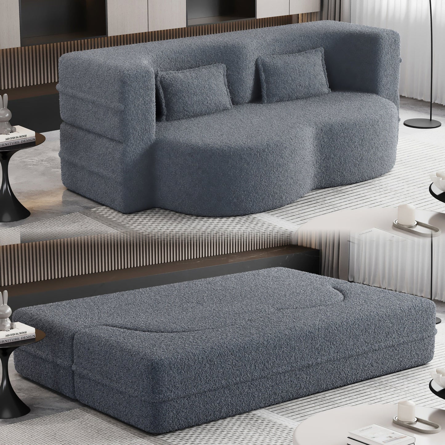 78 Convertible Teddy Fabric Loveseat Foam-Filled Floor Sofa Bed with 2 Pillows and Folding Mattress for Living Room