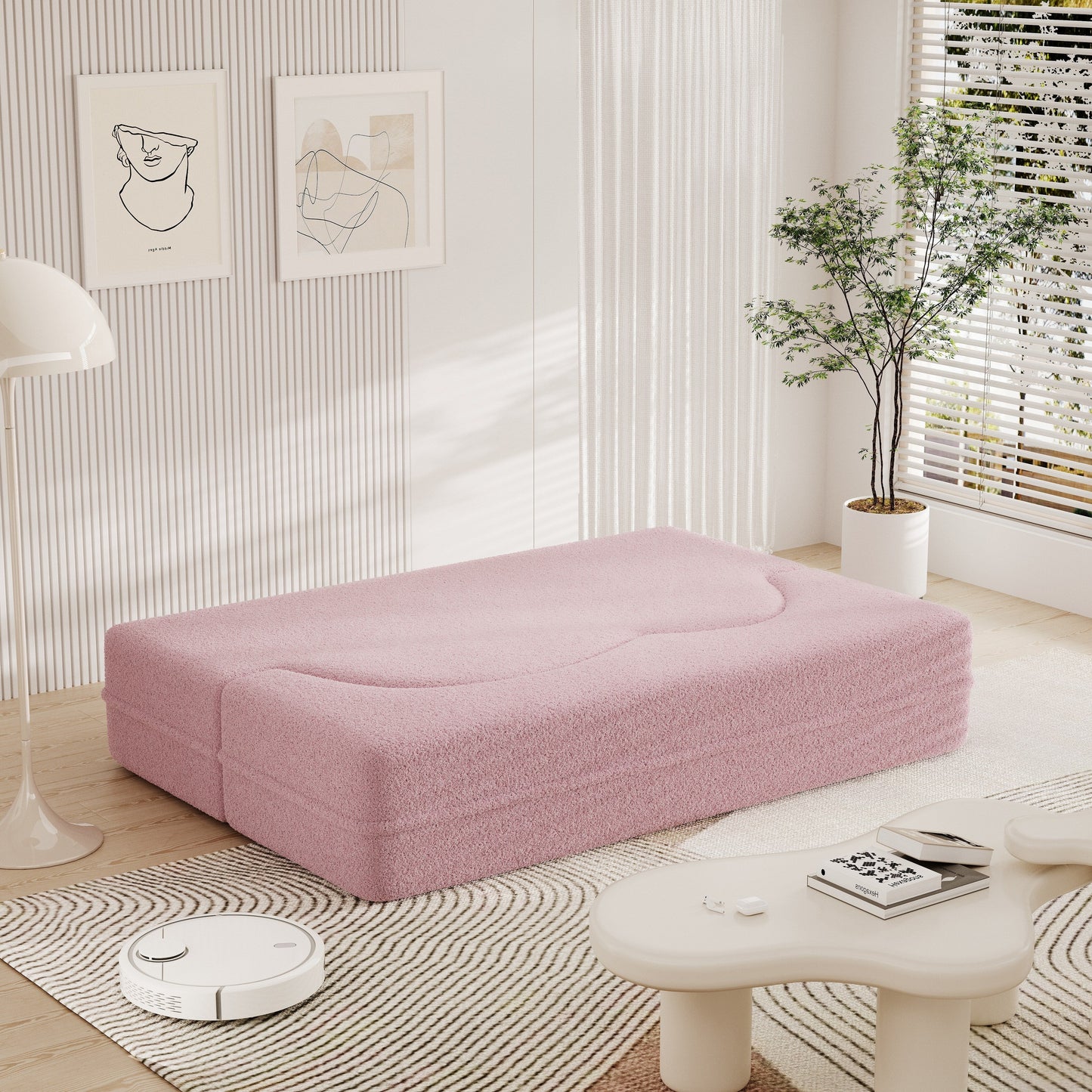 78 Convertible Teddy Fabric Loveseat Foam-Filled Floor Sofa Bed with 2 Pillows and Folding Mattress for Living Room