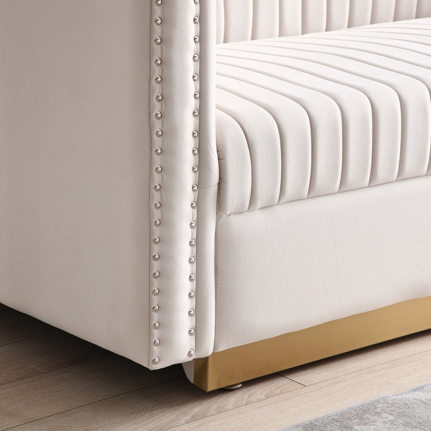 78 Velvet 3-Seater Sofa with Vertical Channel Tufting, Gold Base, Nailhead Trim, and 2 Pillows