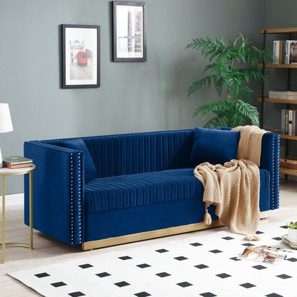 78 Velvet 3-Seater Sofa with Vertical Channel Tufting, Gold Base, Nailhead Trim, and 2 Pillows