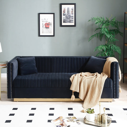 78 Velvet 3-Seater Sofa with Vertical Channel Tufting, Gold Base, Nailhead Trim, and 2 Pillows