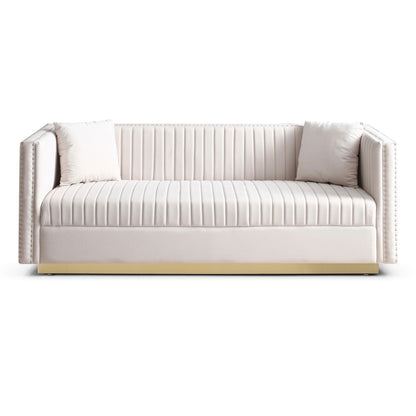 78 Velvet 3-Seater Sofa with Vertical Channel Tufting, Gold Base, Nailhead Trim, and 2 Pillows