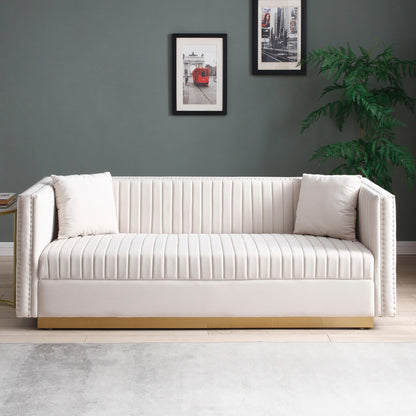 78 Velvet 3-Seater Sofa with Vertical Channel Tufting, Gold Base, Nailhead Trim, and 2 Pillows