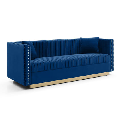 78 Velvet 3-Seater Sofa with Vertical Channel Tufting, Gold Base, Nailhead Trim, and 2 Pillows