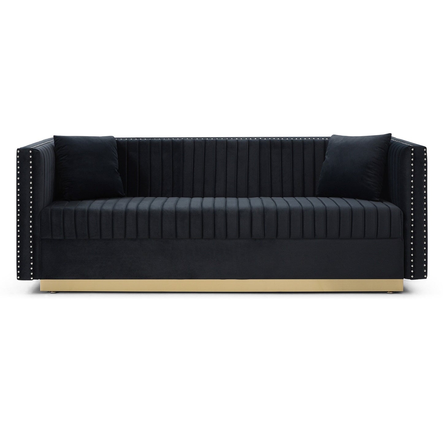 78 Velvet 3-Seater Sofa with Vertical Channel Tufting, Gold Base, Nailhead Trim, and 2 Pillows