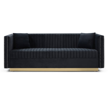78 Velvet 3-Seater Sofa with Vertical Channel Tufting, Gold Base, Nailhead Trim, and 2 Pillows