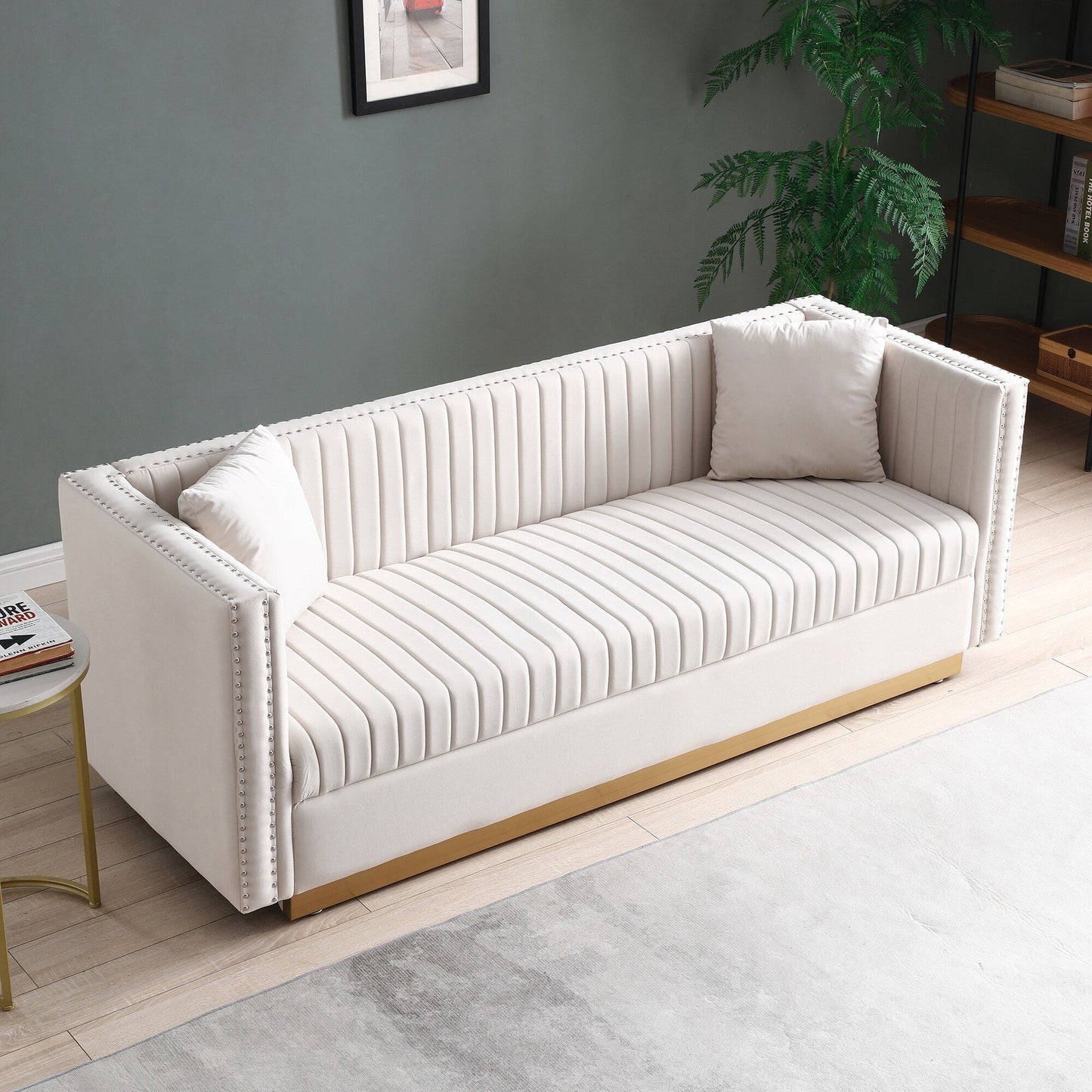 78 Velvet 3-Seater Sofa with Vertical Channel Tufting, Gold Base, Nailhead Trim, and 2 Pillows