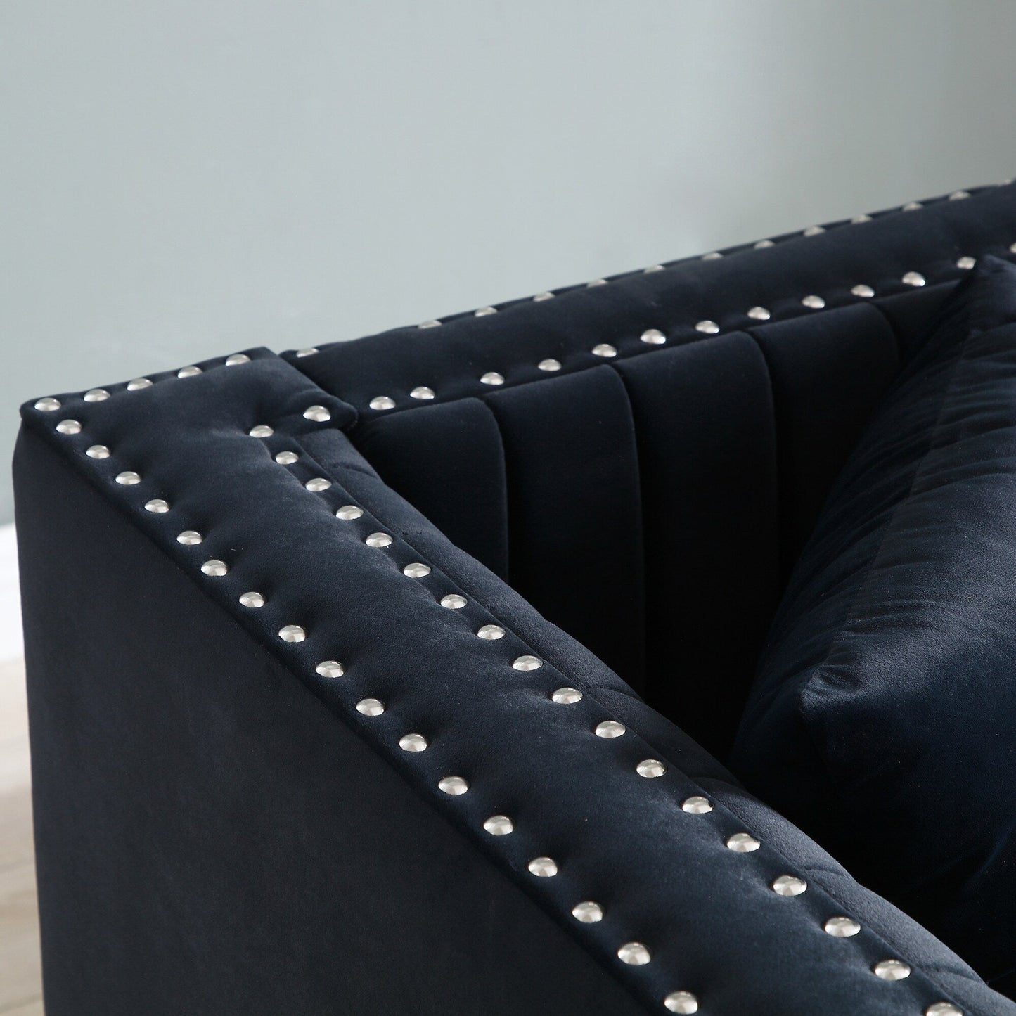 78 Velvet 3-Seater Sofa with Vertical Channel Tufting, Gold Base, Nailhead Trim, and 2 Pillows