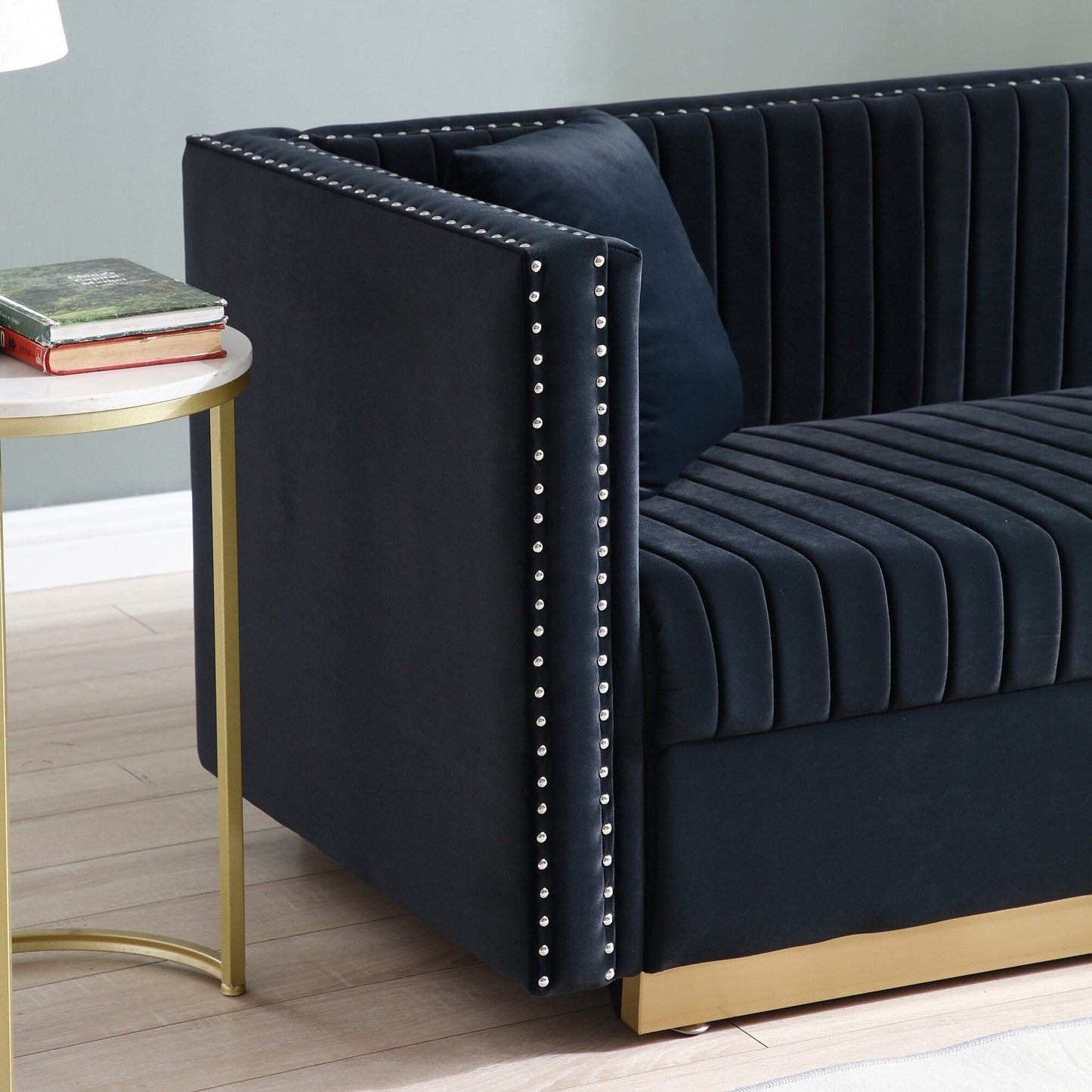 78 Velvet 3-Seater Sofa with Vertical Channel Tufting, Gold Base, Nailhead Trim, and 2 Pillows