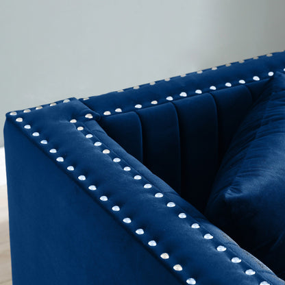 78 Velvet 3-Seater Sofa with Vertical Channel Tufting, Gold Base, Nailhead Trim, and 2 Pillows