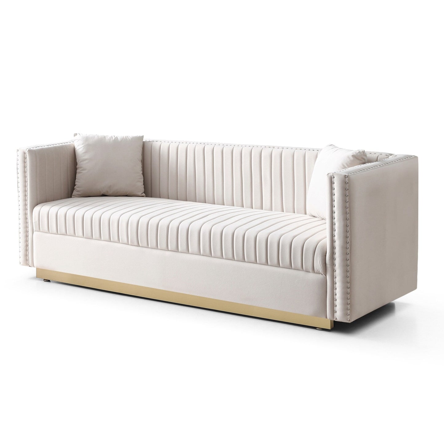 78 Velvet 3-Seater Sofa with Vertical Channel Tufting, Gold Base, Nailhead Trim, and 2 Pillows