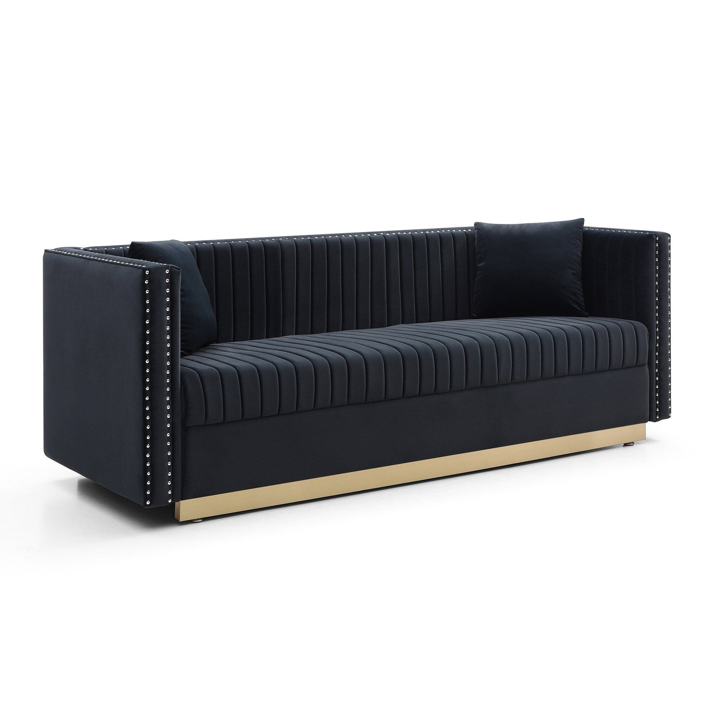 78 Velvet 3-Seater Sofa with Vertical Channel Tufting, Gold Base, Nailhead Trim, and 2 Pillows