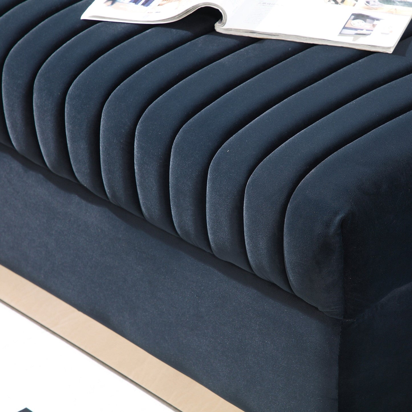 78 Velvet 3-Seater Sofa with Vertical Channel Tufting, Gold Base, Nailhead Trim, and 2 Pillows