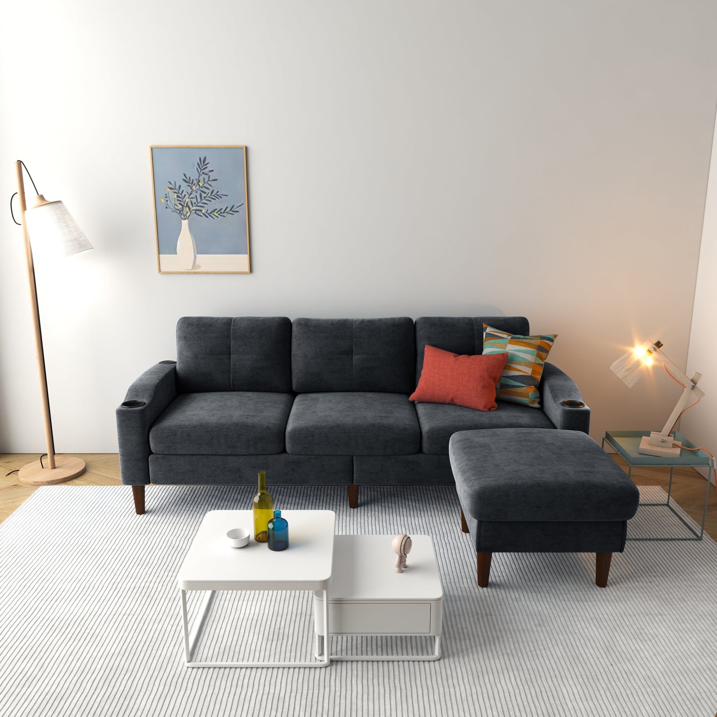 78'' Fabric L-Shaped 3-Seater Convertible Sofa with Storage, USB Port, Cup Holder