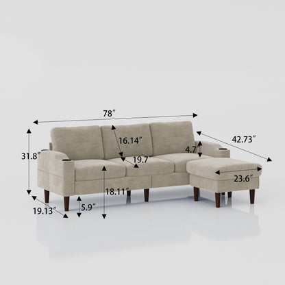 78'' Fabric L-Shaped 3-Seater Convertible Sofa with Storage, USB Port, Cup Holder