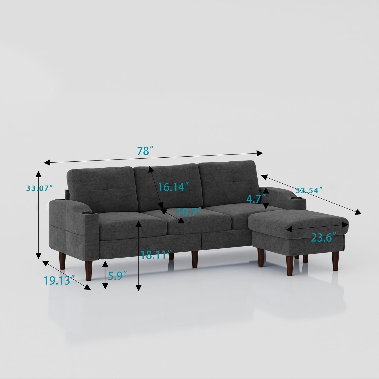 78'' Fabric L-Shaped 3-Seater Convertible Sofa with Storage, USB Port, Cup Holder