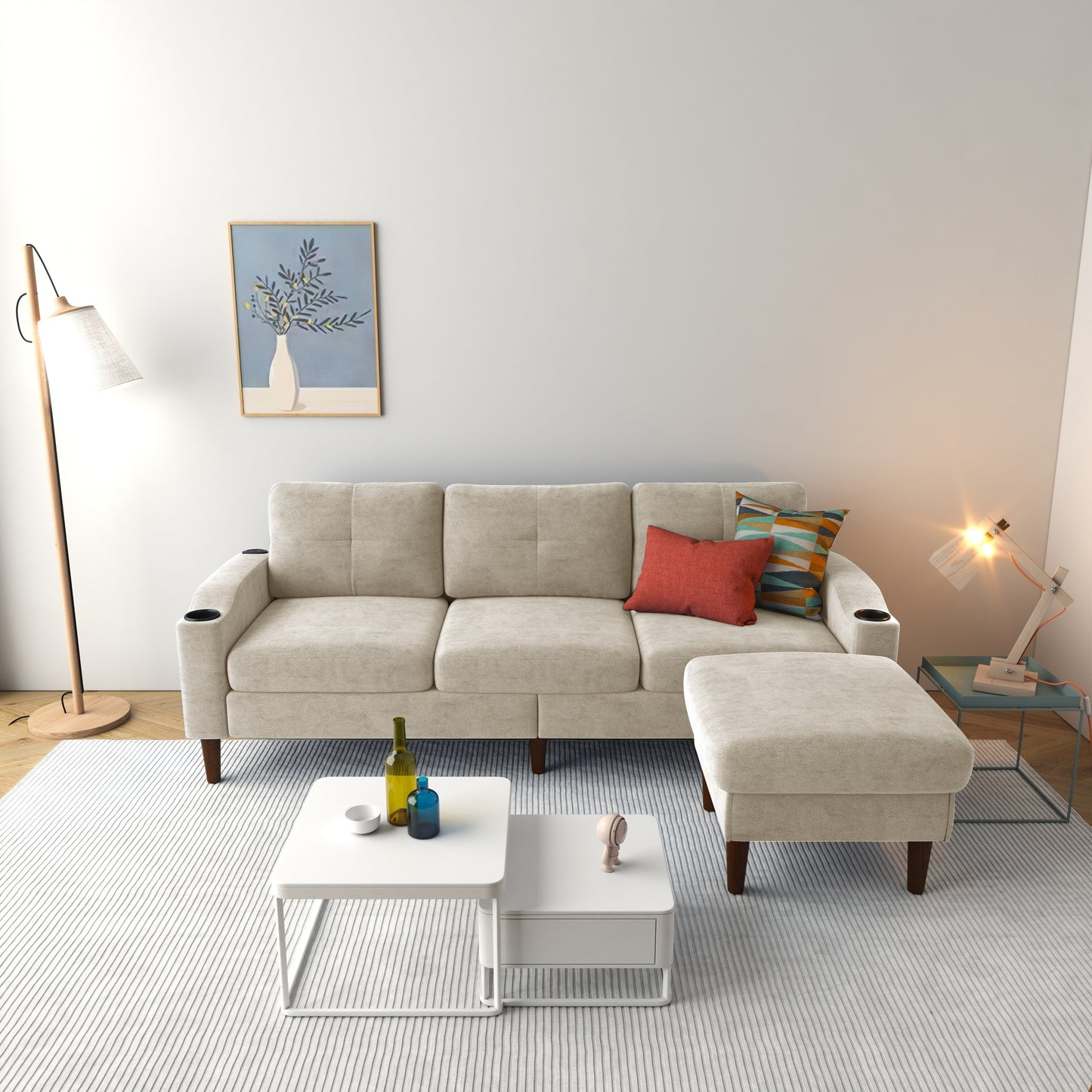 78'' Fabric L-Shaped 3-Seater Convertible Sofa with Storage, USB Port, Cup Holder