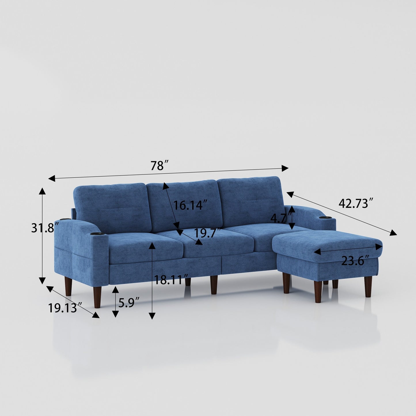 78'' Fabric L-Shaped 3-Seater Convertible Sofa with Storage, USB Port, Cup Holder