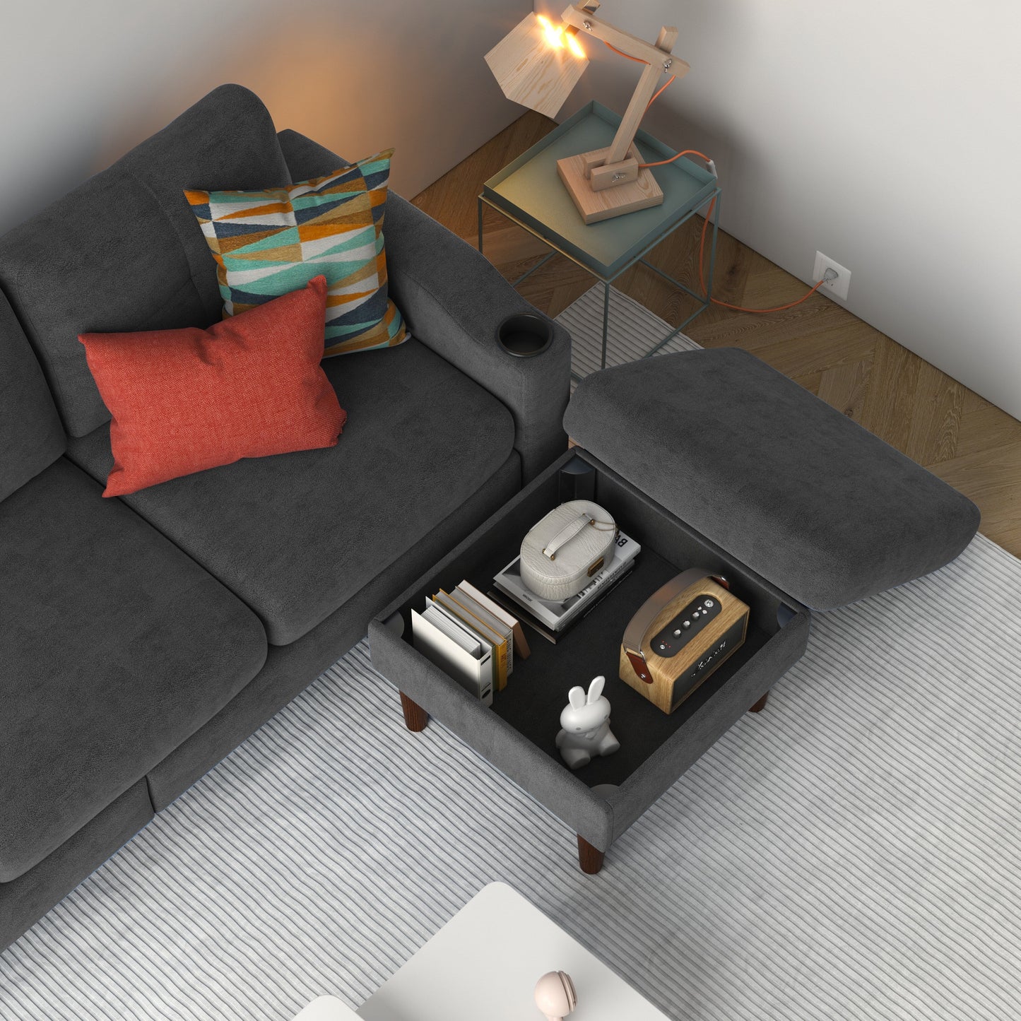 78'' Fabric L-Shaped 3-Seater Convertible Sofa with Storage, USB Port, Cup Holder