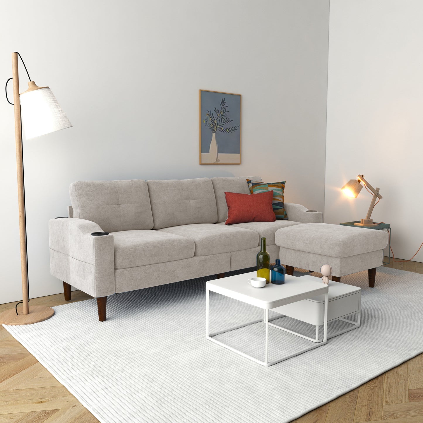 78'' Fabric L-Shaped 3-Seater Convertible Sofa with Storage, USB Port, Cup Holder