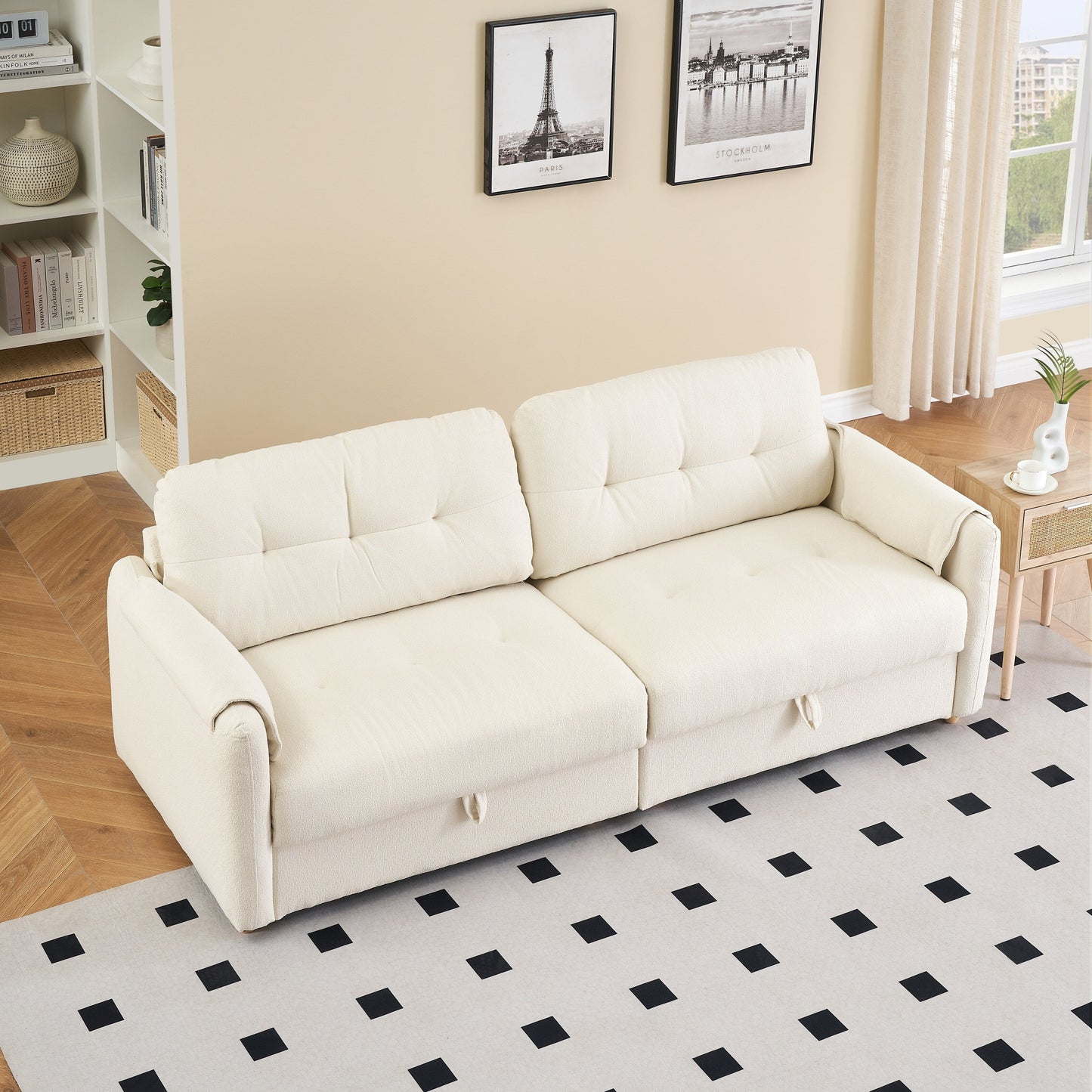 79.50 inches long, Teddy Cotton Linen Sofa Fabric, with metal conical long legs, metal strip matching, stylish and simple-Beige