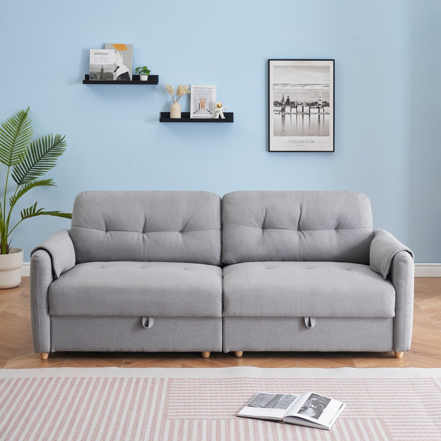 79.50 inches long, Teddy Cotton Linen Sofa Fabric, with metal conical long legs, metal strip matching, stylish and simple