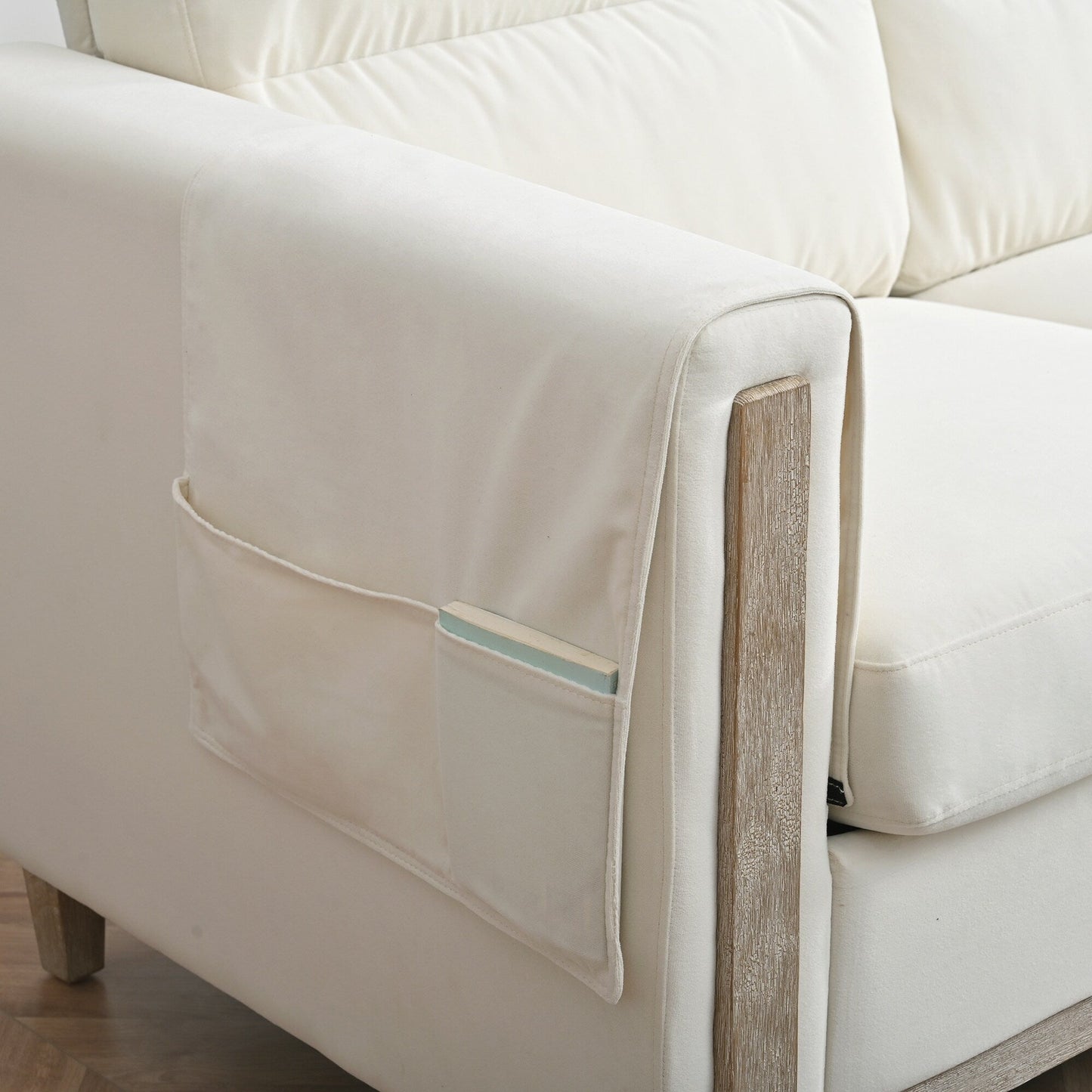 79.5 Velvet Solid Wood 3-Seater Sofa with Pocket Spring Seat, PP Foam Backrest, and Side Storage Pocket