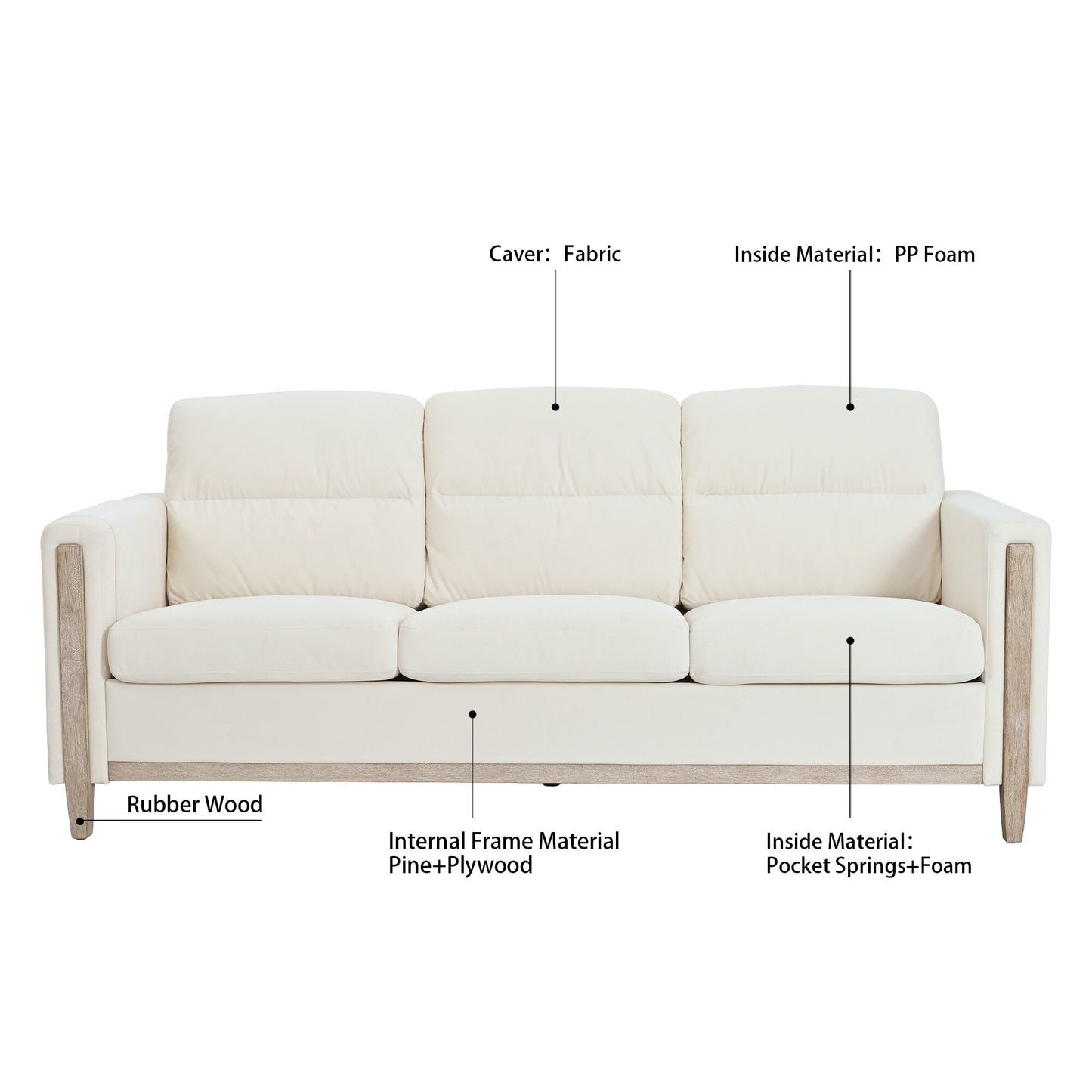 79.5 Velvet Solid Wood 3-Seater Sofa with Pocket Spring Seat, PP Foam Backrest, and Side Storage Pocket