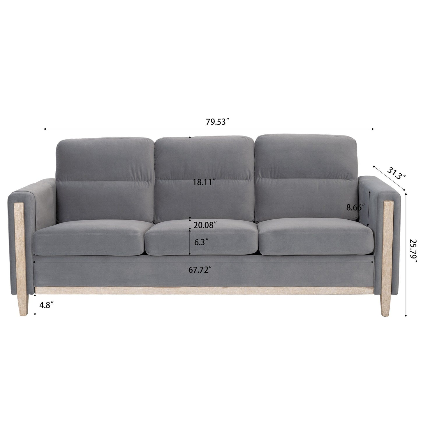 79.5 Velvet Solid Wood 3-Seater Sofa with Pocket Spring Seat, PP Foam Backrest, and Side Storage Pocket