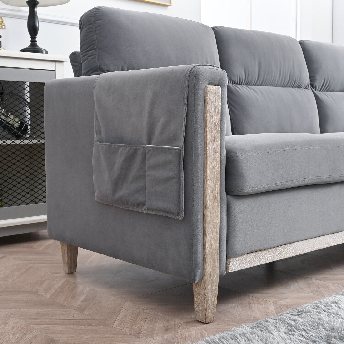 79.5 Velvet Solid Wood 3-Seater Sofa with Pocket Spring Seat, PP Foam Backrest, and Side Storage Pocket