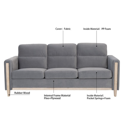 79.5 Velvet Solid Wood 3-Seater Sofa with Pocket Spring Seat, PP Foam Backrest, and Side Storage Pocket