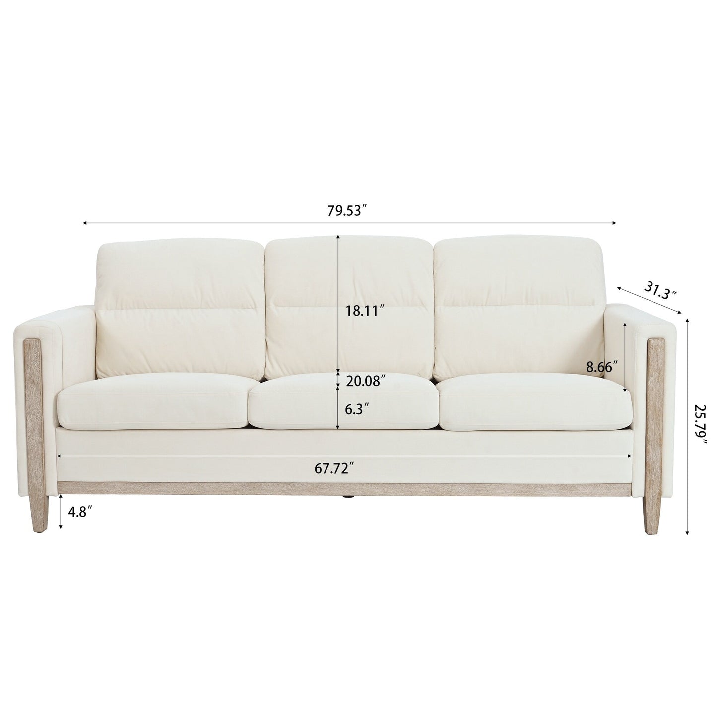 79.5 Velvet Solid Wood 3-Seater Sofa with Pocket Spring Seat, PP Foam Backrest, and Side Storage Pocket