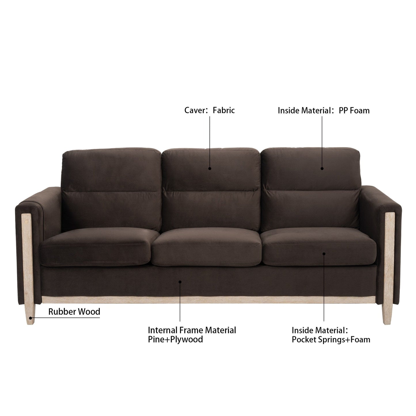 79.5 Velvet Solid Wood 3-Seater Sofa with Pocket Spring Seat, PP Foam Backrest, and Side Storage Pocket