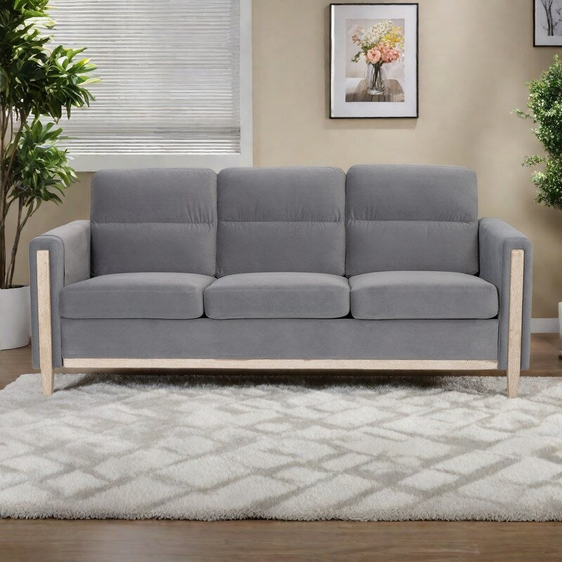 79.5 Velvet Solid Wood 3-Seater Sofa with Pocket Spring Seat, PP Foam Backrest, and Side Storage Pocket