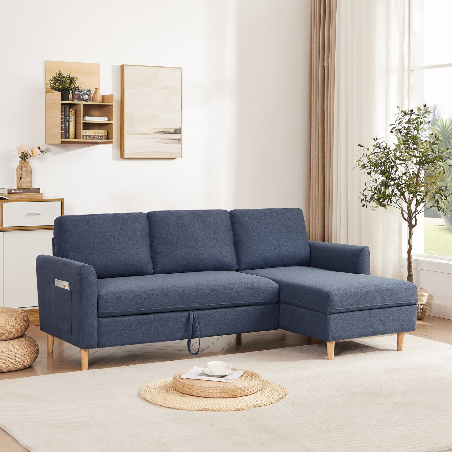 79.5'' Fabric L-Shaped 3-Seater Sleeper Sofa with Chaise, Pull-Out Bed, and Upholstered Design
