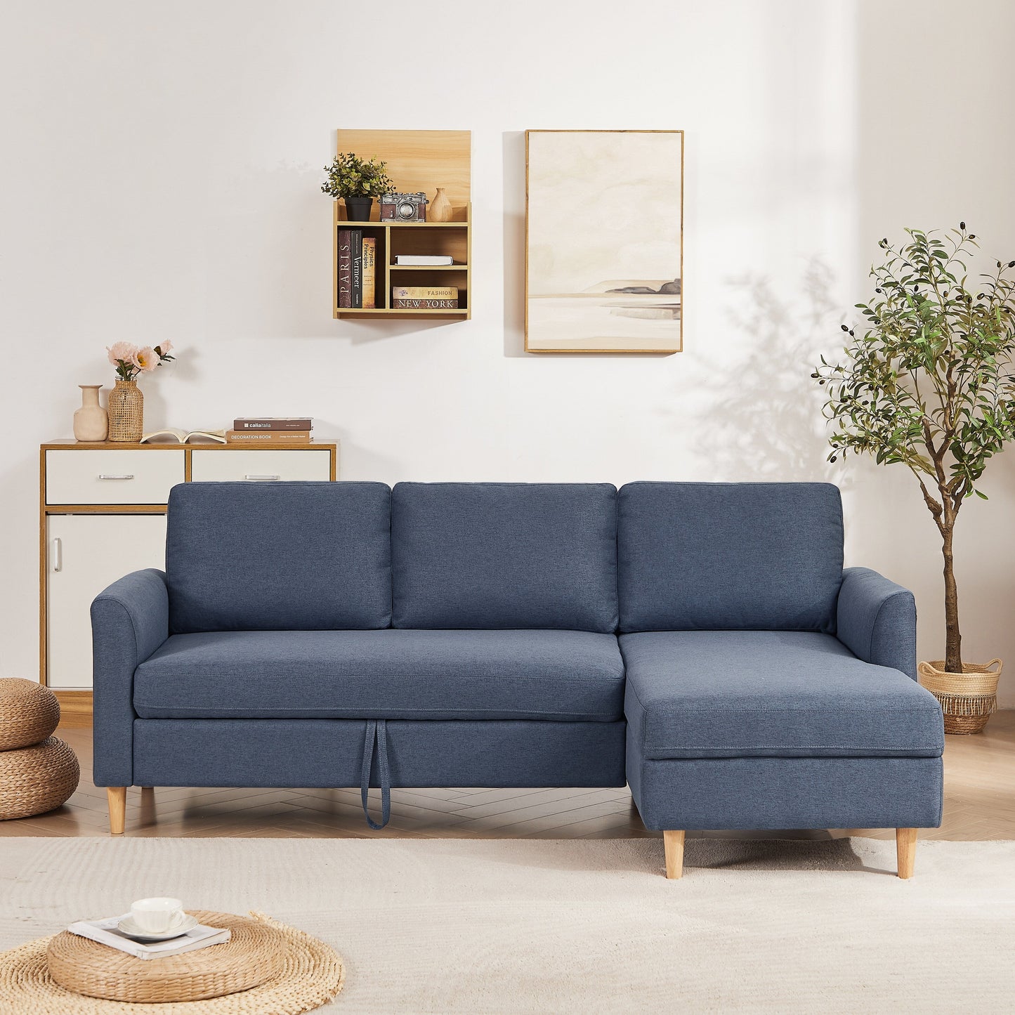 79.5'' Fabric L-Shaped 3-Seater Sleeper Sofa with Chaise, Pull-Out Bed, and Upholstered Design