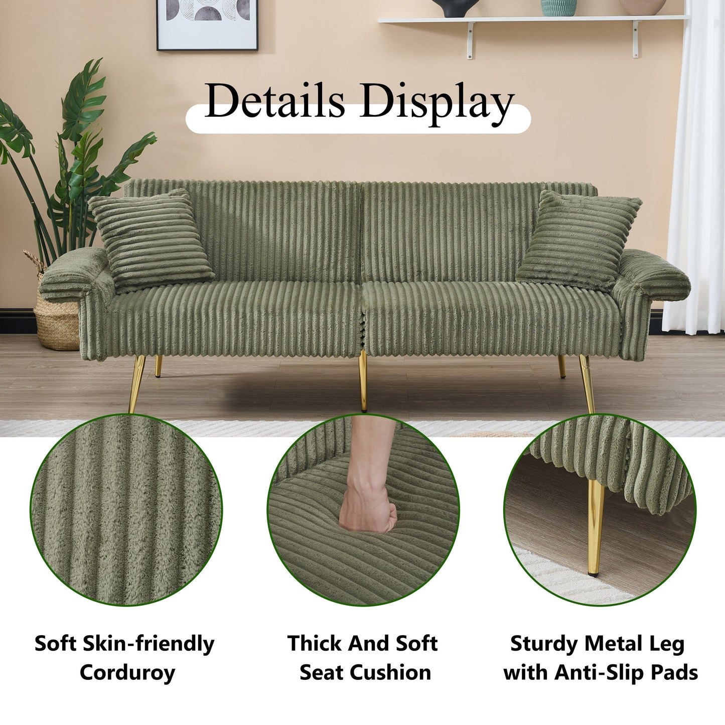 79 Corduroy Foldable Sofa Bed with 3-Position Armrests, High-Resilience Foam, and Metal Legs