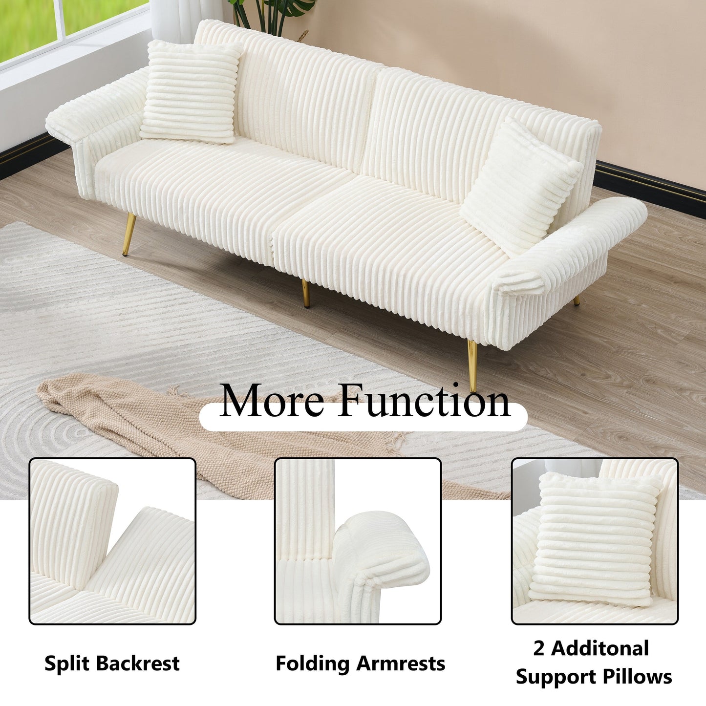 79 Corduroy Foldable Sofa Bed with 3-Position Armrests, High-Resilience Foam, and Metal Legs
