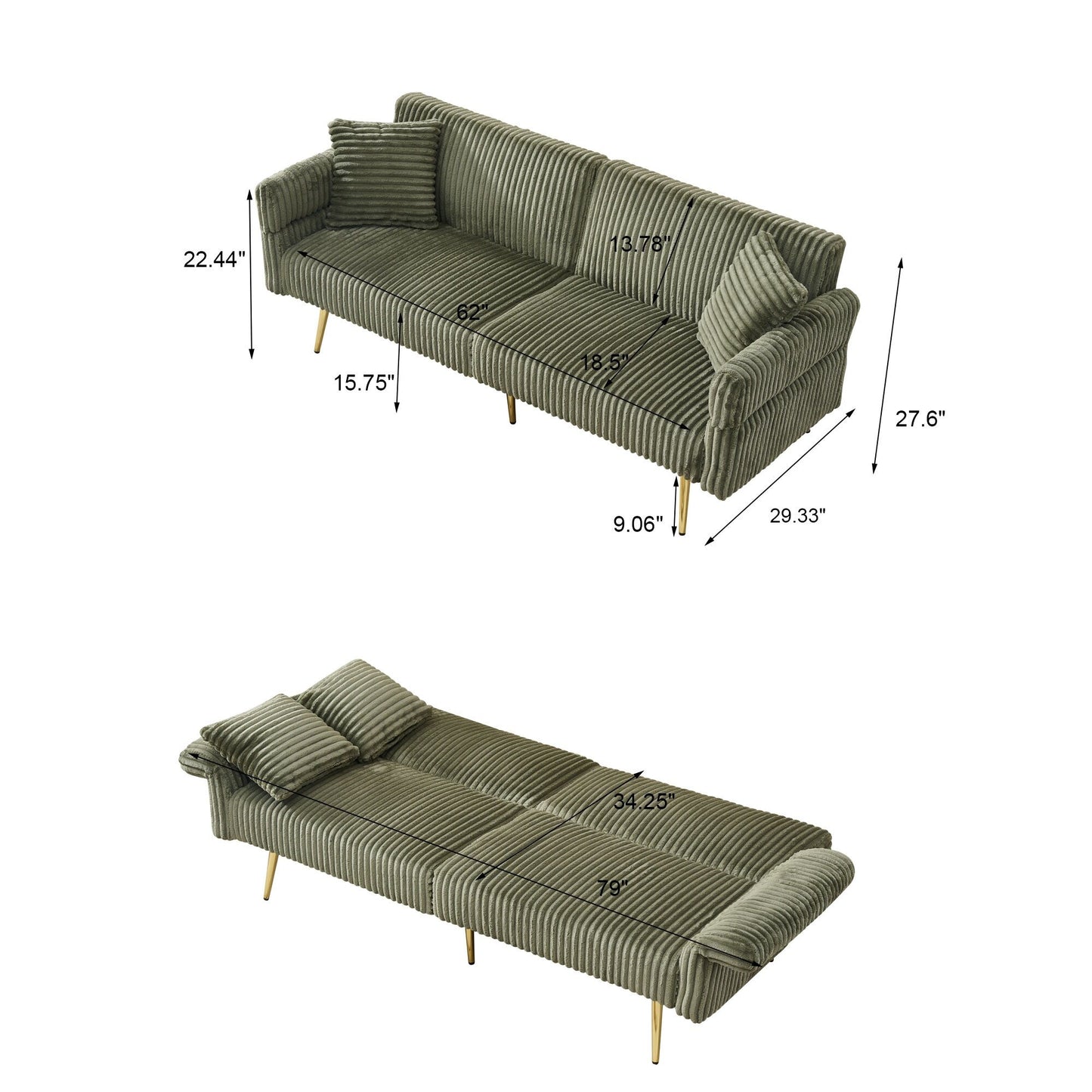 79 Corduroy Foldable Sofa Bed with 3-Position Armrests, High-Resilience Foam, and Metal Legs