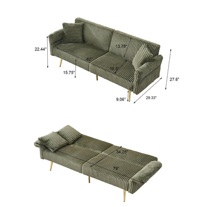 79 Corduroy Foldable Sofa Bed with 3-Position Armrests, High-Resilience Foam, and Metal Legs