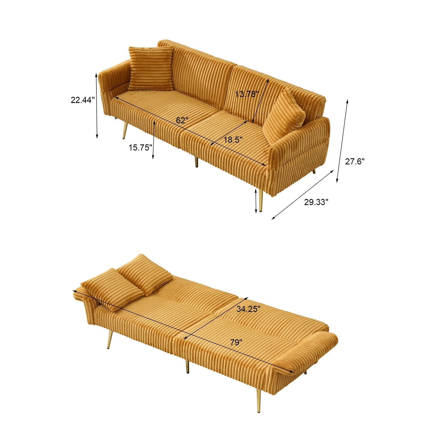 79 Corduroy Foldable Sofa Bed with 3-Position Armrests, High-Resilience Foam, and Metal Legs