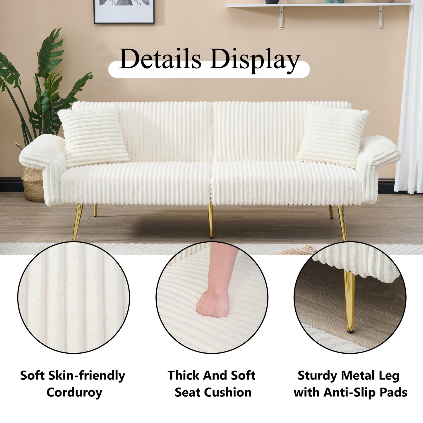 79 Corduroy Foldable Sofa Bed with 3-Position Armrests, High-Resilience Foam, and Metal Legs